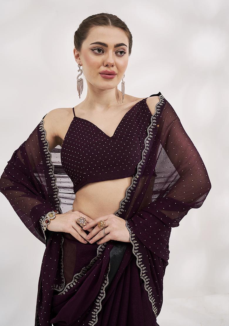 Wine Embroidered Chiffon Saree Set