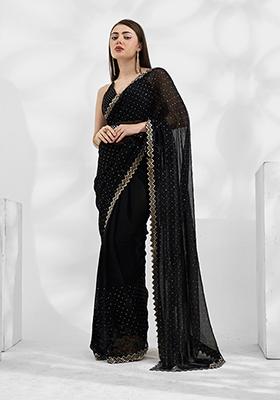 Black Embroidered Chiffon Saree Set
