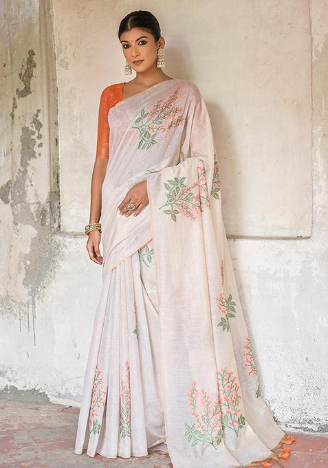 White Printed Cotton Saree Set