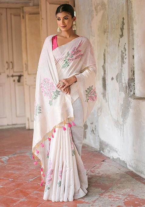 White Printed Cotton Saree Set