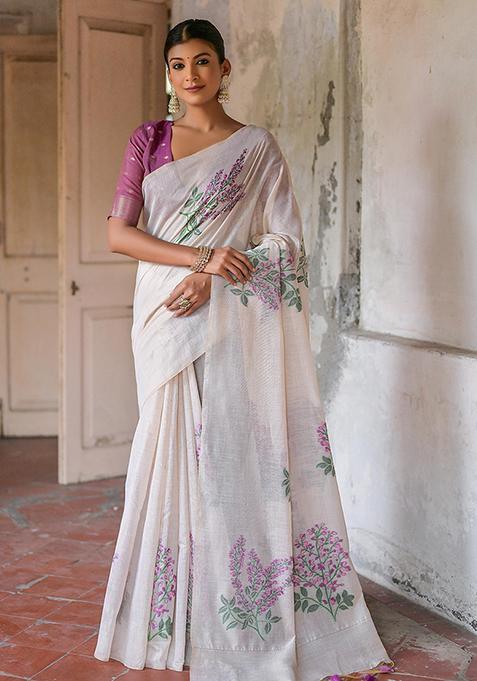 White Printed Cotton Saree