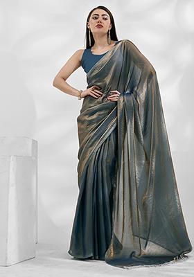 Teal Blue Printed Chiffon Saree Set