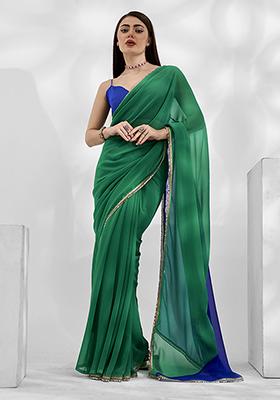 Green Printed Georgette Saree Set