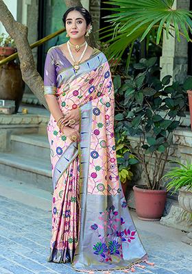 Peach Woven Banarasi Silk Saree Set