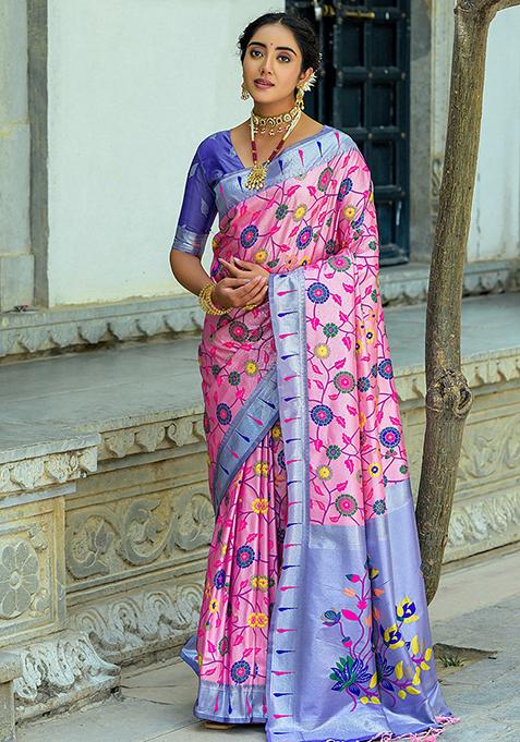 Pink Woven Banarasi Silk Saree Set