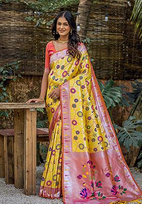 Yellow Woven Banarasi Silk Saree Set