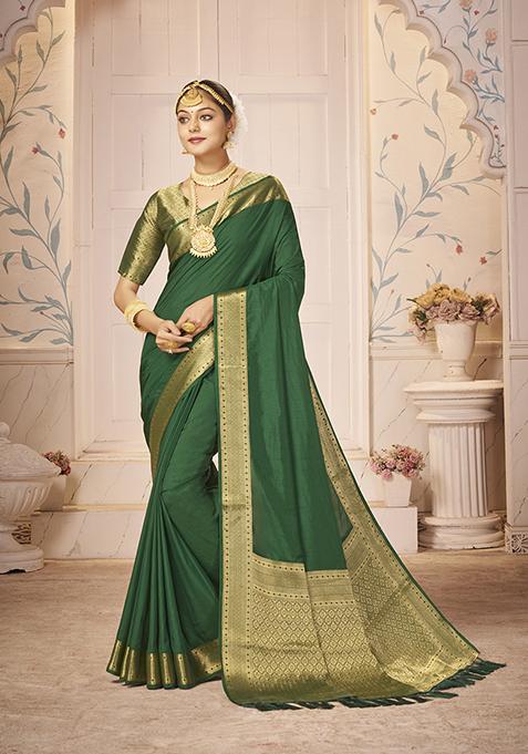 Green Woven Silk Saree Set