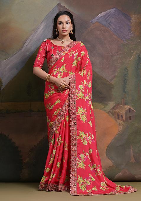 Pink Embroidered Chiffon Saree Set