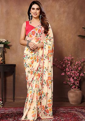 Cream Printed Georgette Saree Set