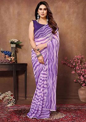Purple Printed Georgette Saree Set