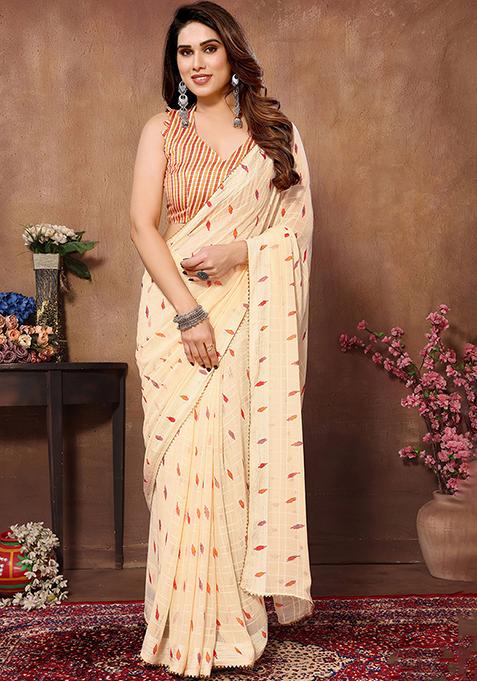 Cream Printed Georgette Saree Set