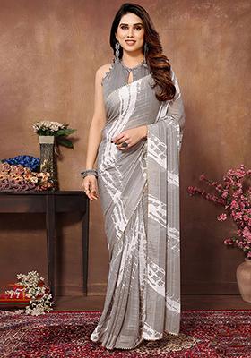 Grey Printed Georgette Saree Set