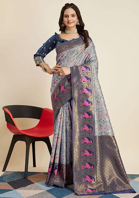 Grey Woven Banarasi Silk Saree Set