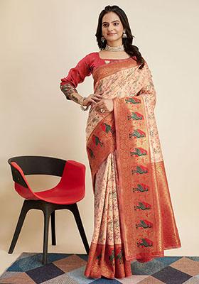 Peach Woven Banarasi Silk Saree Set