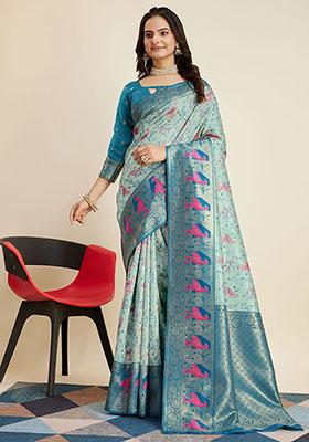 Blue Woven Banarasi Silk Saree Set