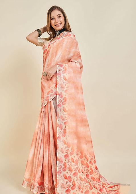 Peach Printed Linen Saree Set