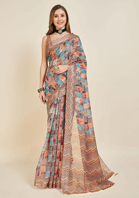 Multicolor Printed Linen Saree Set