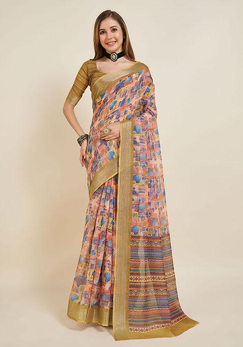 Multicolor Printed Linen Saree Set