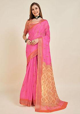 Pink Printed Linen Saree Set