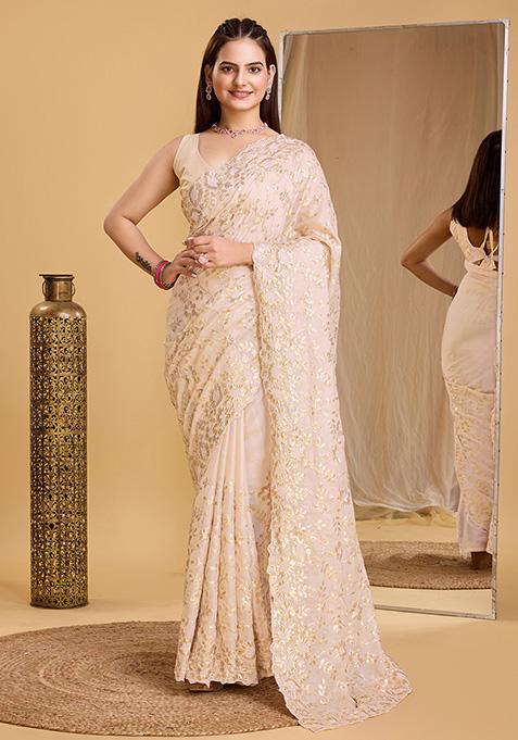 Beige Embroidered Organza Saree Set