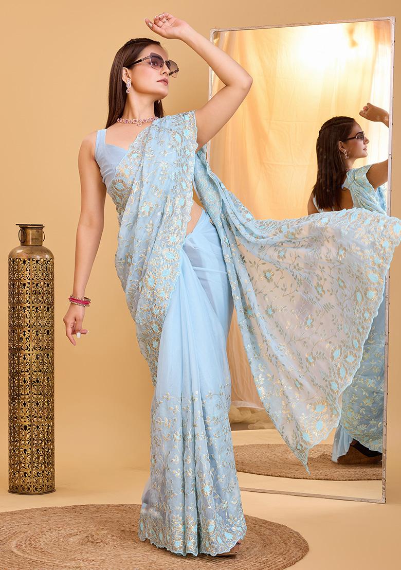 Sky Blue Embroidered Organza Saree Set