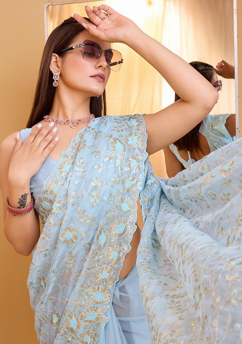 Sky Blue Embroidered Organza Saree Set