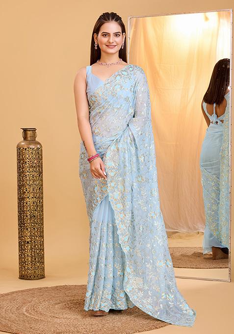 Sky Blue Embroidered Organza Saree Set