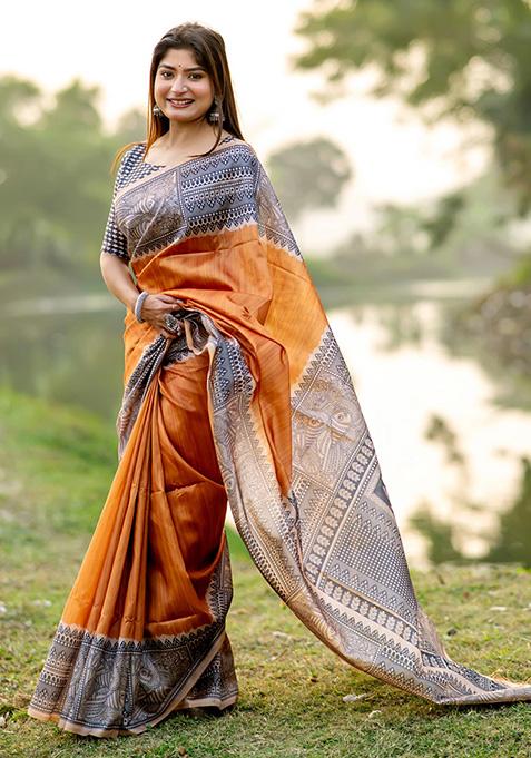 Yellow Woven Silk Saree Set