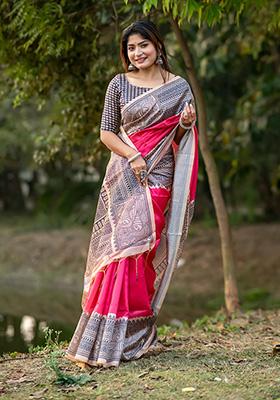 Pink Woven Silk Saree Set