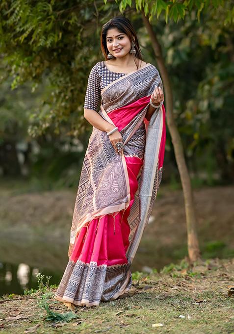 Pink Woven Silk Saree Set