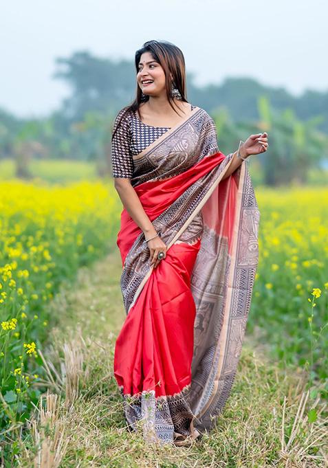 Red Woven Silk Saree Set