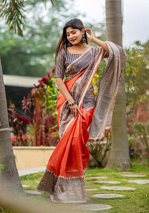 Orange Woven Silk Saree Set