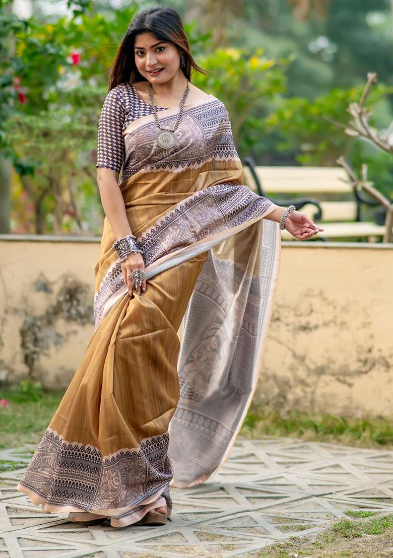 Beige Woven Silk Saree Set for Diwali and Festive Wear - Indya