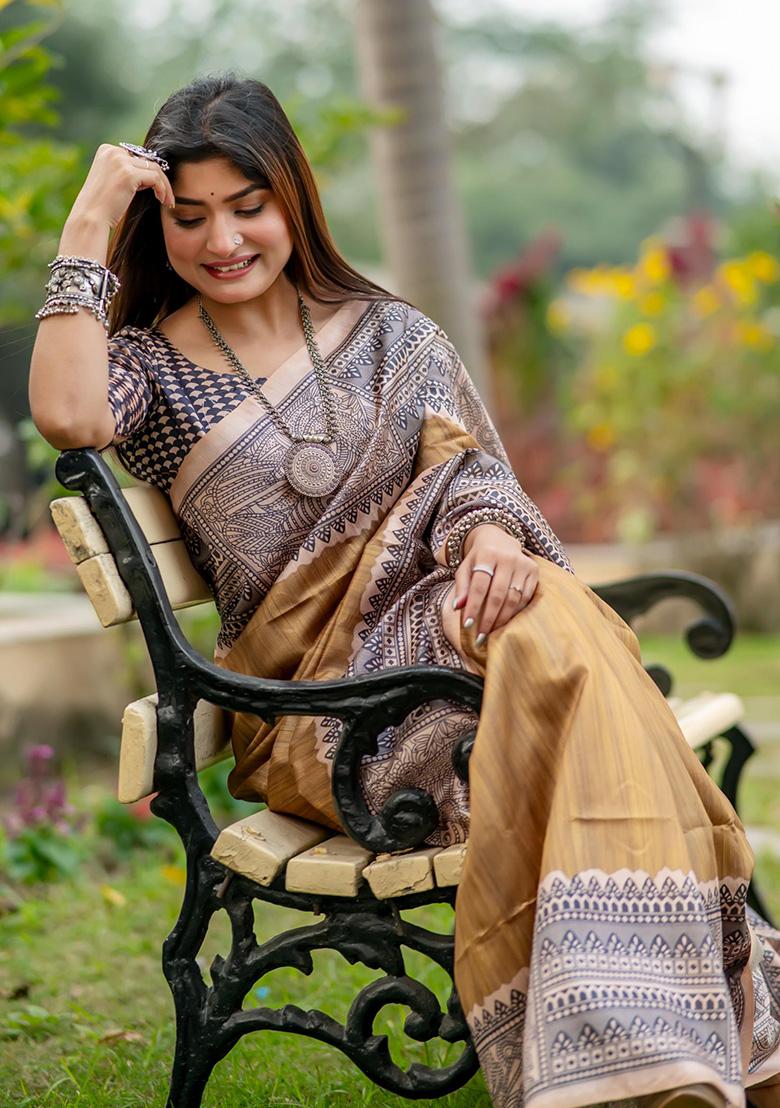 Beige Woven Silk Saree Set - Indya