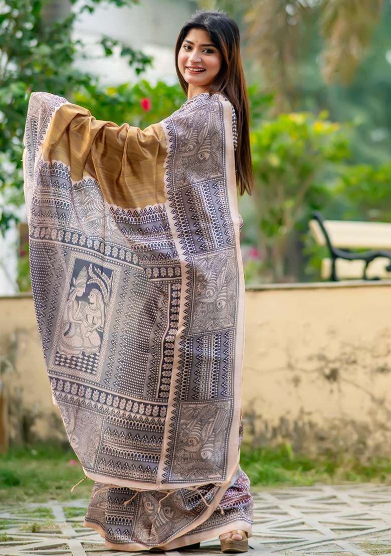 Beige Woven Silk Saree Set for Diwali and Festive Wear - Indya