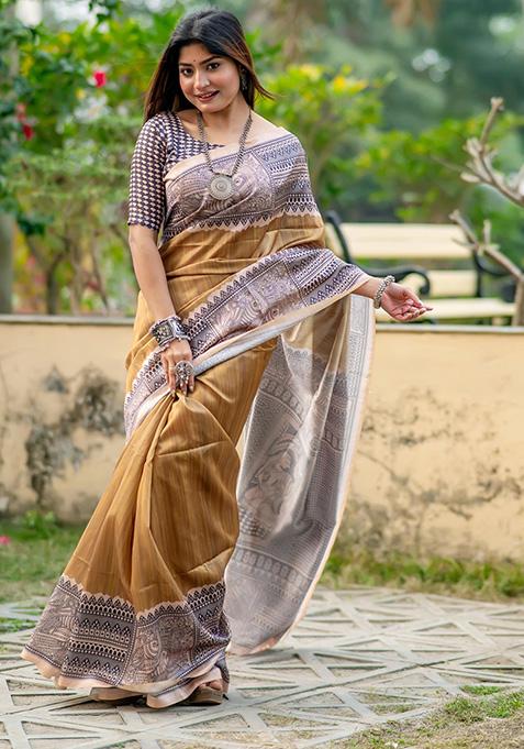Beige Woven Silk Saree Set