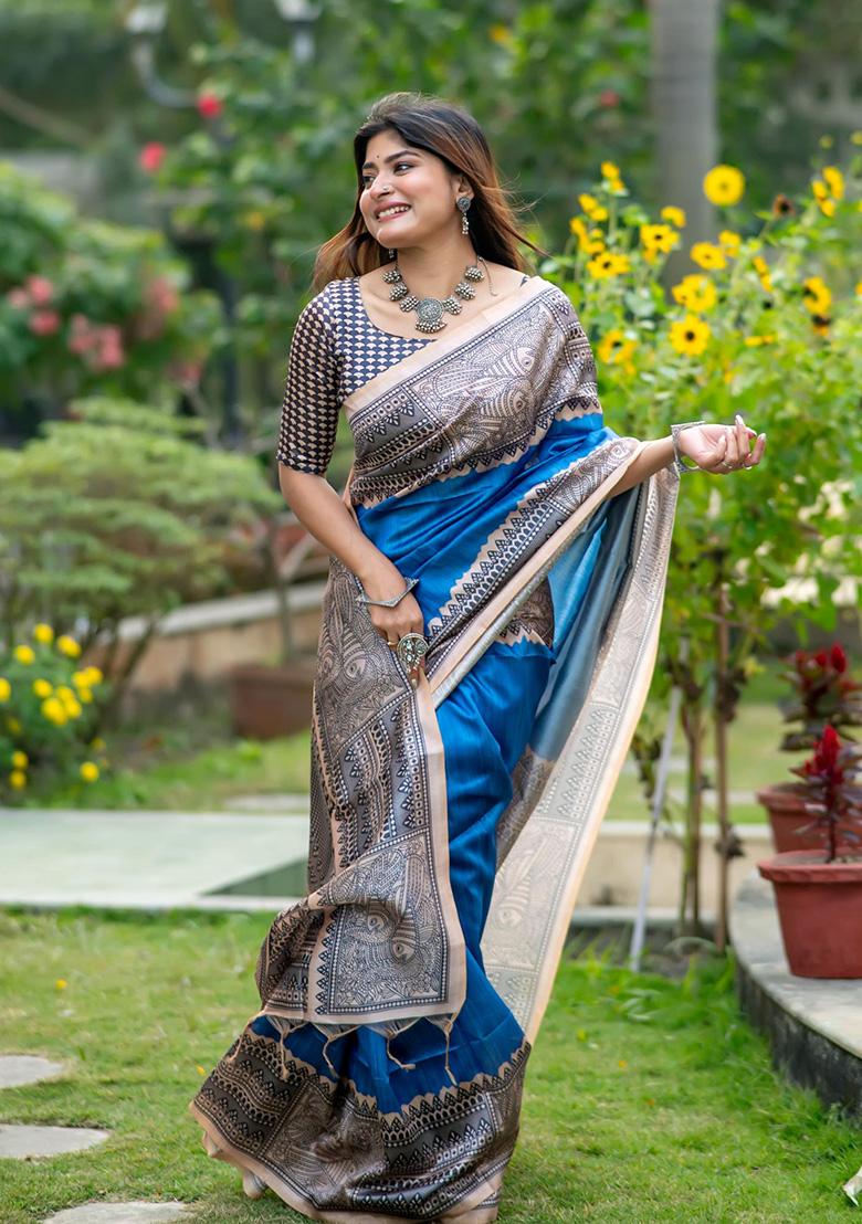 Blue Woven Silk Saree Set - Indya
