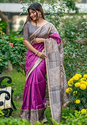 Purple Woven Silk Saree Set