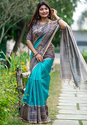 Sea Green Woven Silk Saree Set