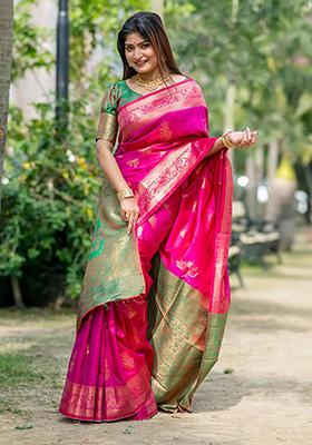 Pink Woven Silk Saree Set