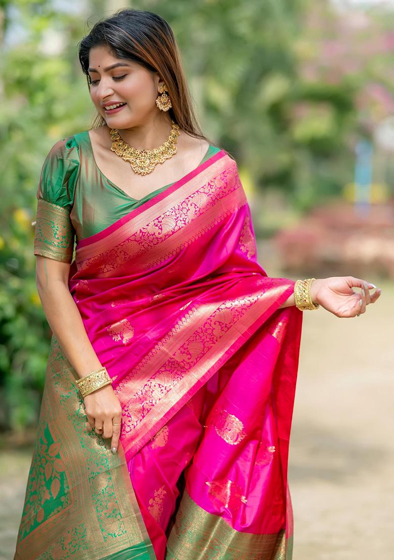 Pink Woven Silk Saree Set