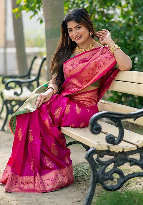 Pink Woven Silk Saree Set