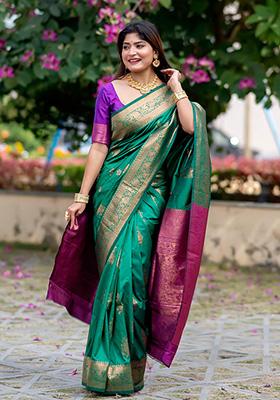 Green Woven Silk Saree Set