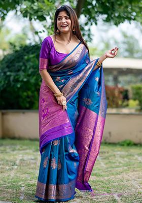 Blue Woven Silk Saree Set