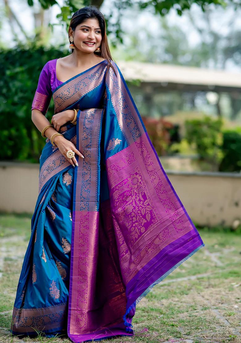 Blue Woven Silk Saree Set