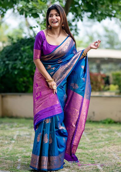 Blue Woven Silk Saree Set