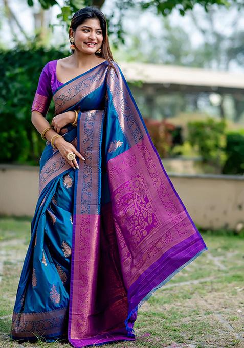 Blue Woven Silk Saree Set