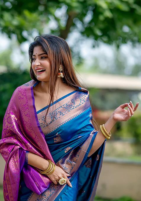 Blue Woven Silk Saree Set