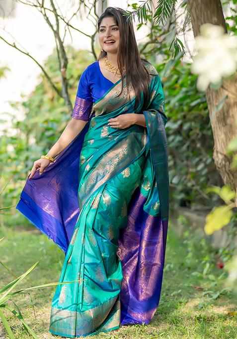 Sea Green Woven Silk Saree Set