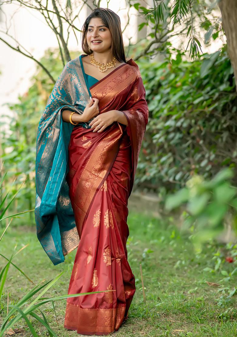 Red Woven Silk Saree Set